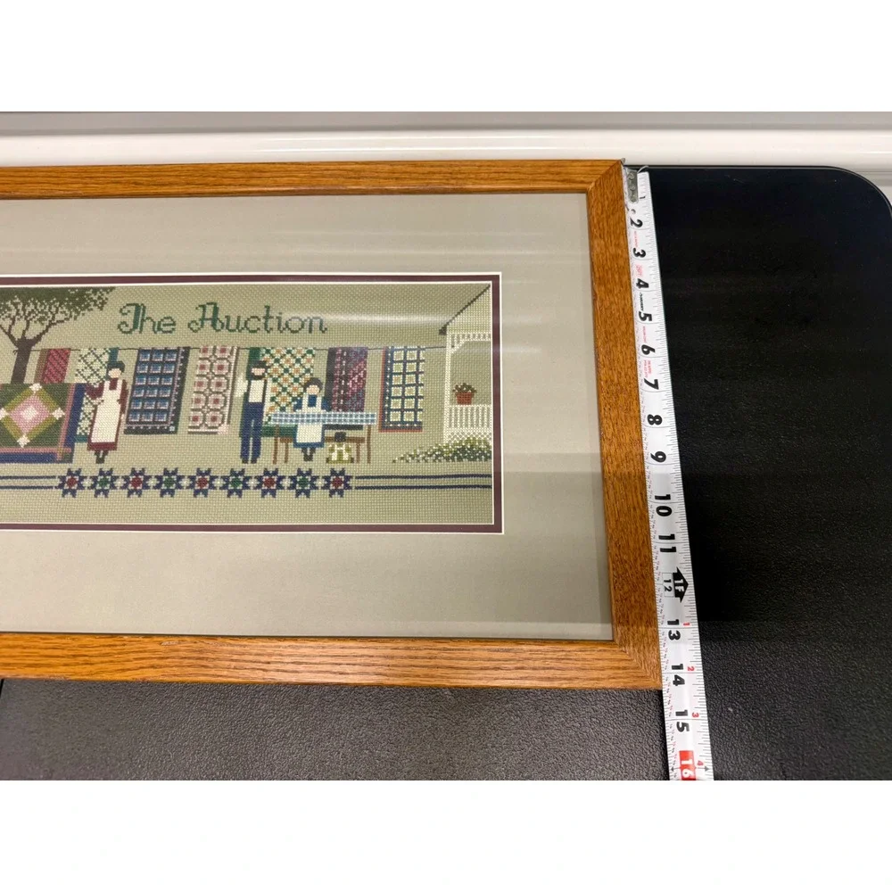 Vintage Amish Folk Art Framed Cross Stitch Set Welcome & The Auction Quilt Theme